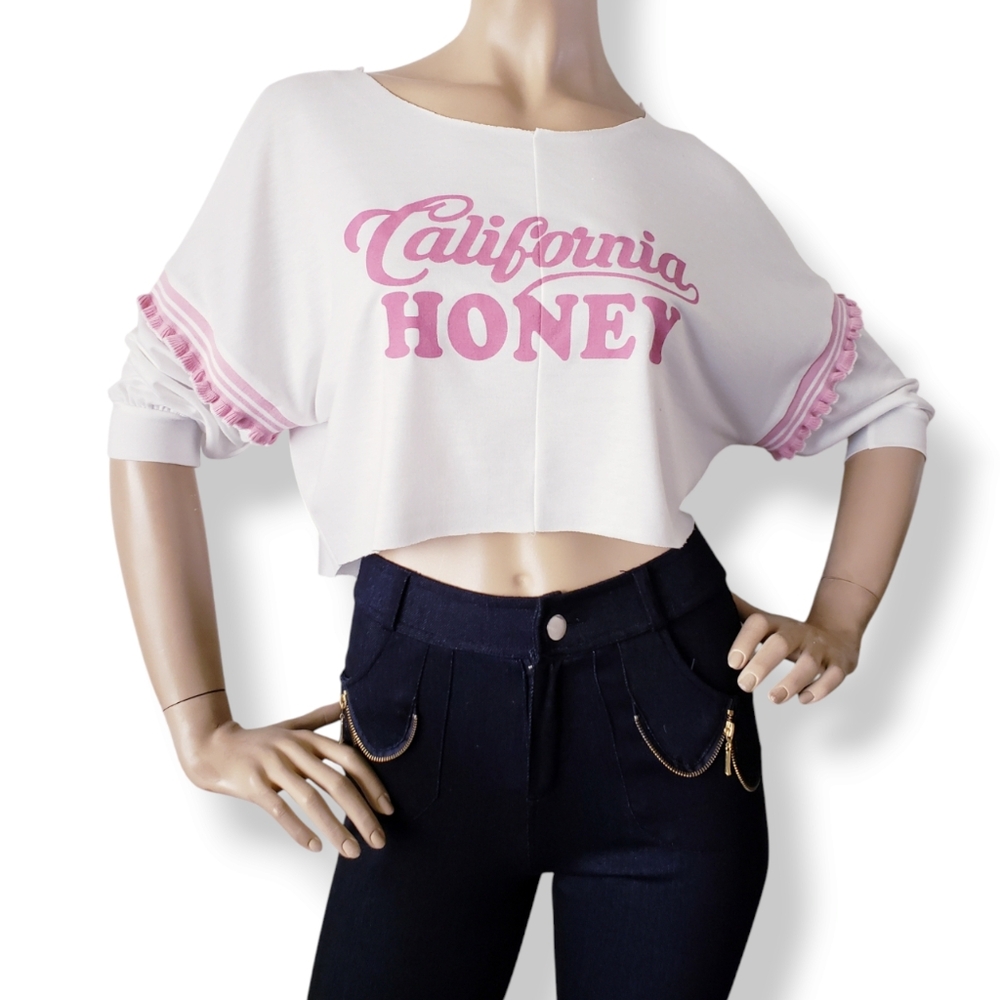 J Story White & Pink "California Honey" Ruffled Sleeve Top Sample Size Small